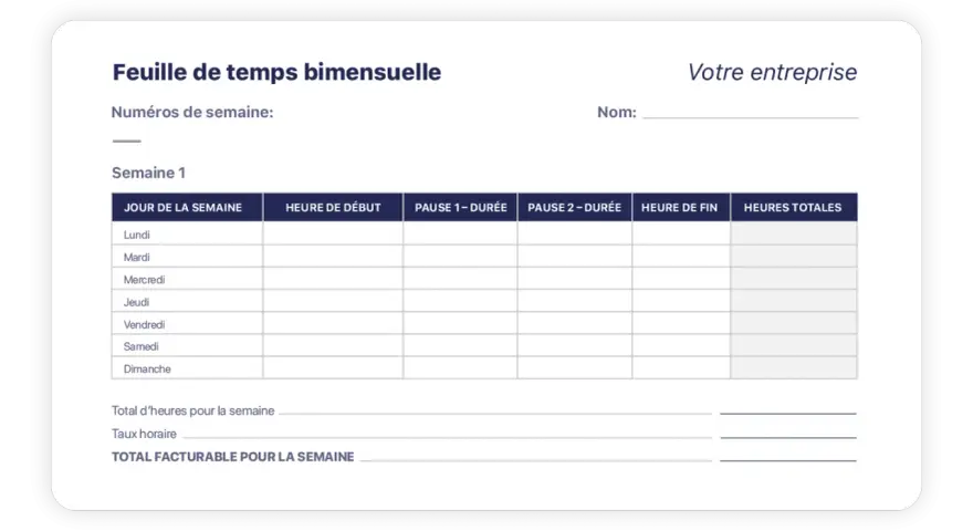 Modèle feuille de présence à imprimer pour suivre les heures travaillées, les pauses et le total facturable par semaine.