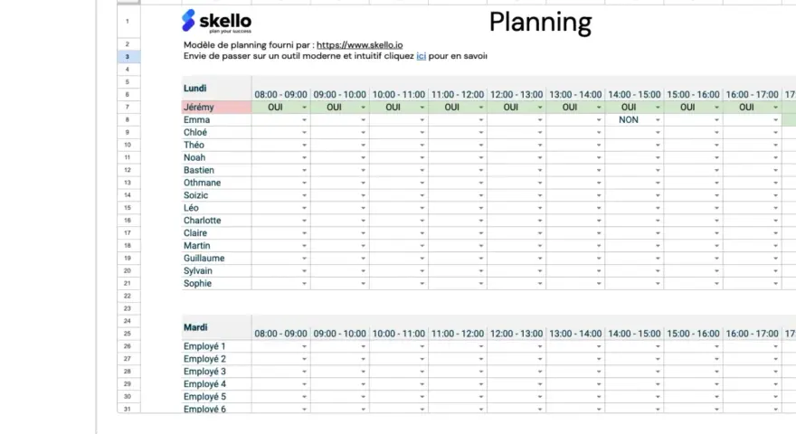 Planning de travail affichant les disponibilités des employés pour la semaine. Le planning est organisé par jour et par créneau horaire.