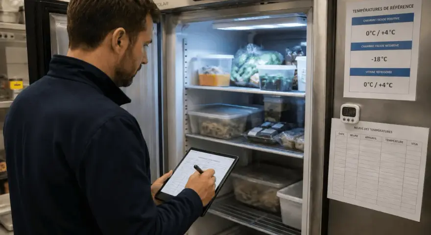 Un employé vérifie les températures dans un réfrigérateur de restaurant, essentiel pour la fermeture de la terrasse.