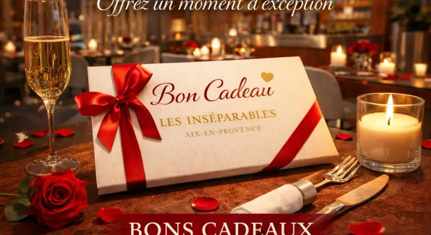 Un bon cadeau pour un restaurant, présenté avec une coupe de champagne, une rose rouge et une bougie allumée. Offrez un moment d'exception.