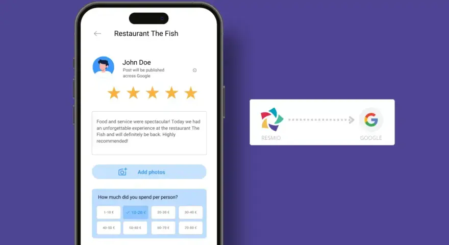 Interface mobile pour laisser un avis sur un restaurant, avec la possibilité de retrouver ses avis Google.