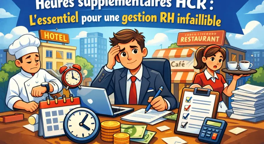 Un chef, un homme d'affaires et une serveuse gèrent des heures supplémentaires HCR. L'image illustre la gestion RH et les finances.