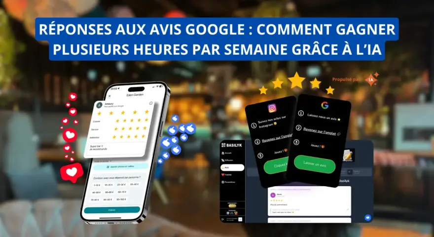 Des téléphones affichant des avis Google et des applications pour gérer les retours clients. L'IA peut aider à gagner du temps sur les réponses aux avis Google.