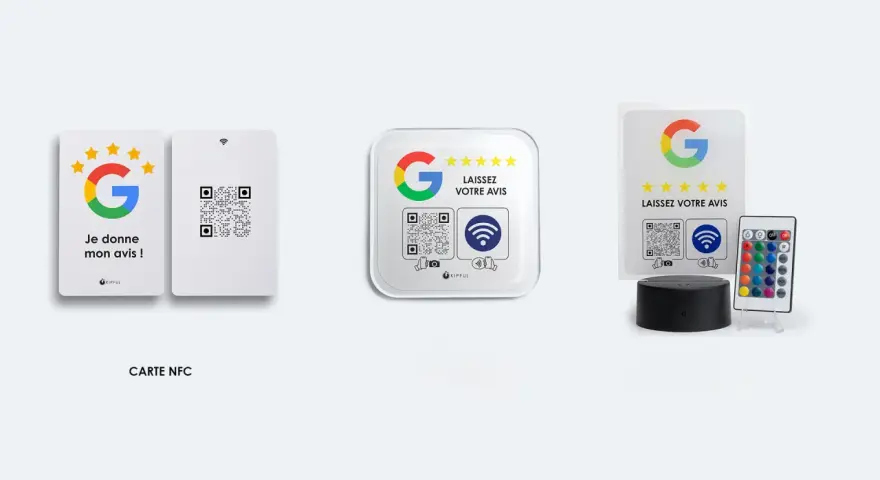 Cartes et autocollants pour faciliter le calcul de votre avis Google. Un QR code et un logo Google invitent à laisser un avis.