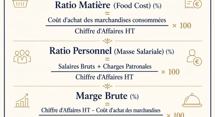 Formules de ratios de restaurant : coût matière, personnel et marge brute.