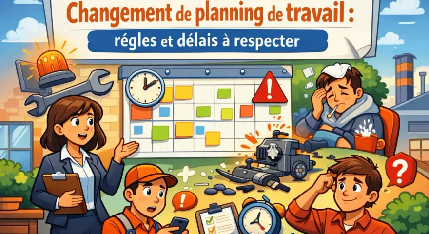 Une équipe discute du changement horaire de travail. Un calendrier, des outils et des employés pensifs illustrent les règles et délais à respecter.