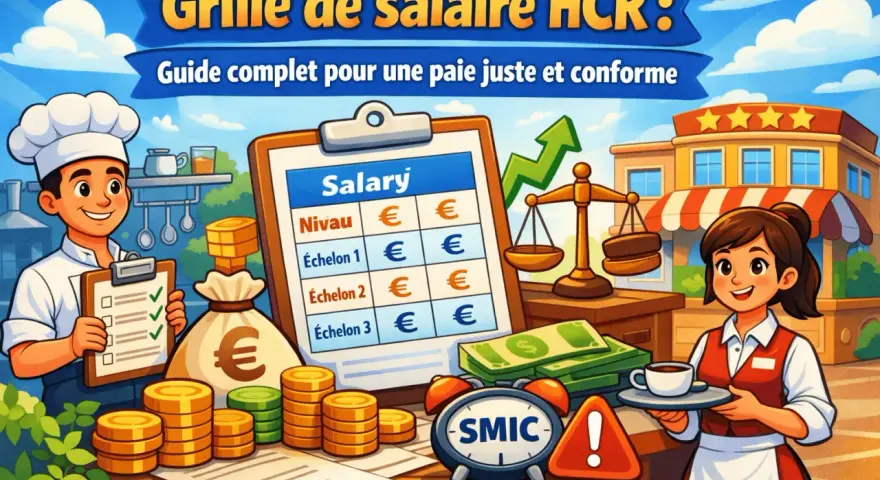 Un chef et une serveuse présentent une grille de salaire HCR, avec des pièces, des billets et une balance symbolisant une paie juste.