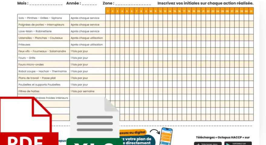 Tableau de suivi pour un plan de nettoyage et désinfection, un exemple HACCP. Il liste les tâches et leur fréquence.