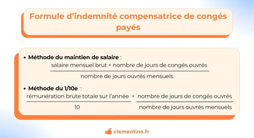 Formule d'indemnité compensatrice de congés payés : deux méthodes expliquées pour calculer le montant dû.