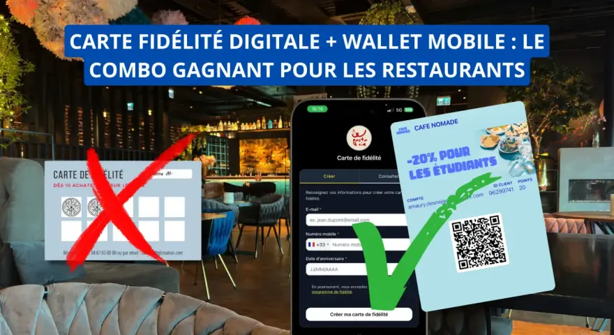 Une carte de fidélité numérique pour étudiants offre -20% au restaurant. Une ancienne carte physique est barrée.