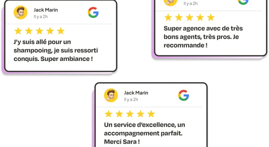 Exemples de messages de satisfaction client : "Super ambiance !", "Je recommande !", "Merci Sara !". Trois avis positifs de Jack Marin.