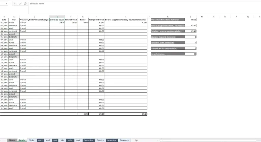 Tableau Excel pour suivre les heures de travail, les congés et les absences. Un outil essentiel pour gérer son temps.