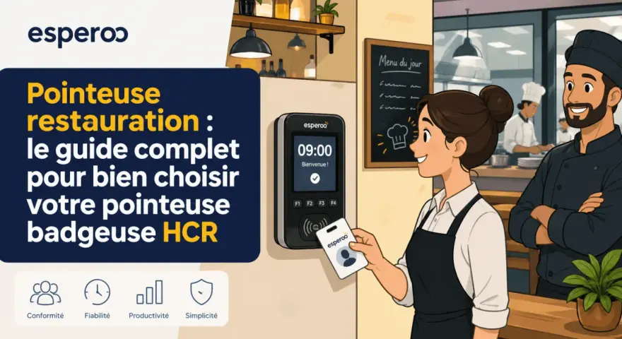 Une employée utilise une pointeuse pour le badgeage en entreprise dans un restaurant. Le guide "Pointeur restauration" est mis en avant.