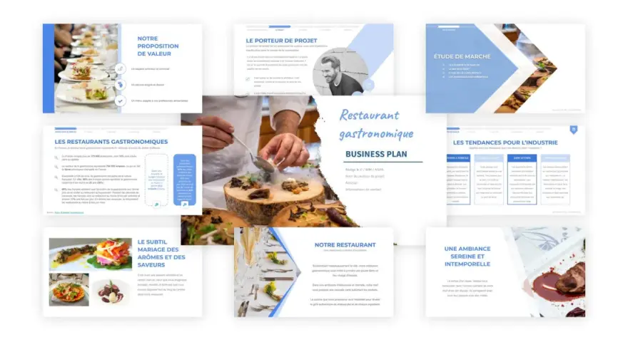 Présentation d'un business plan pour un restaurant gastronomique, axé sur la proposition de valeur, l'étude de marché et les tendances de l'industrie.