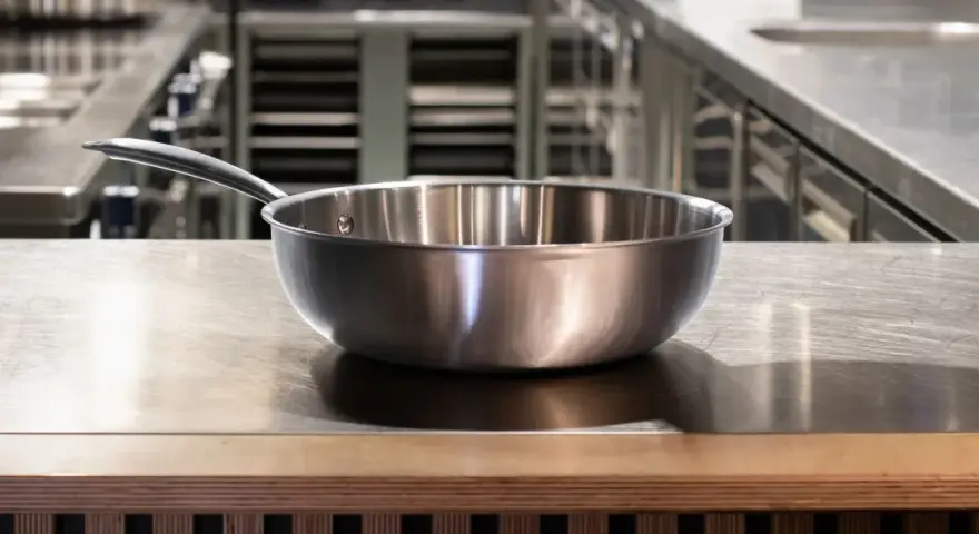 Poêle en inox sur un plan de travail. Est-ce que l'inox va au four ? Oui, la plupart des ustensiles en inox sont adaptés au four.