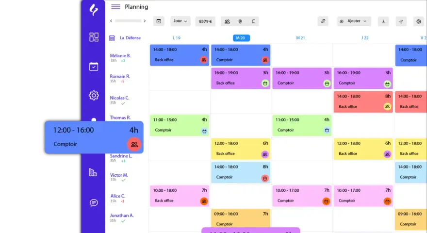 Interface d'un logiciel création planning, affichant un calendrier avec des créneaux horaires et des noms d'employés.