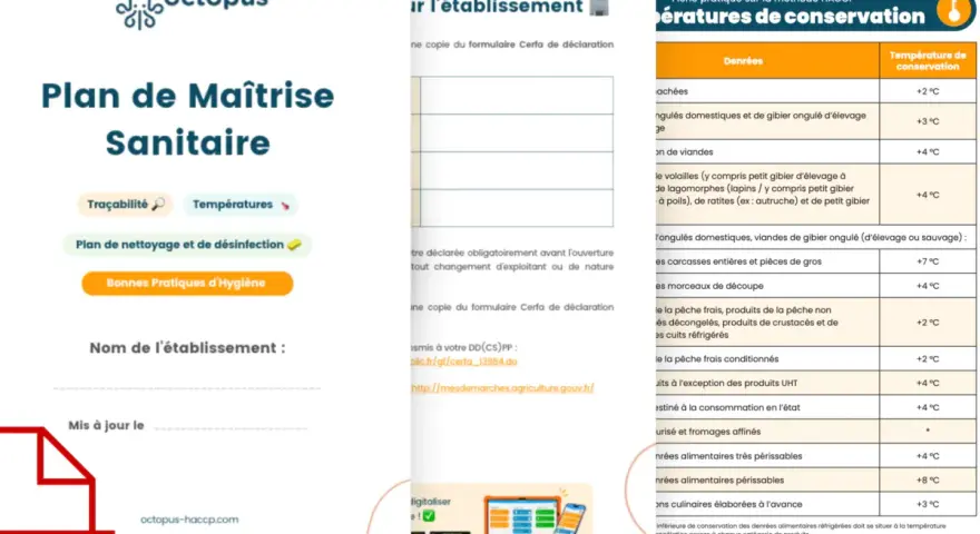 Plan de Maîtrise Sanitaire d'un restaurant, avec des sections sur la traçabilité et les températures de conservation selon la méthode HACCP.