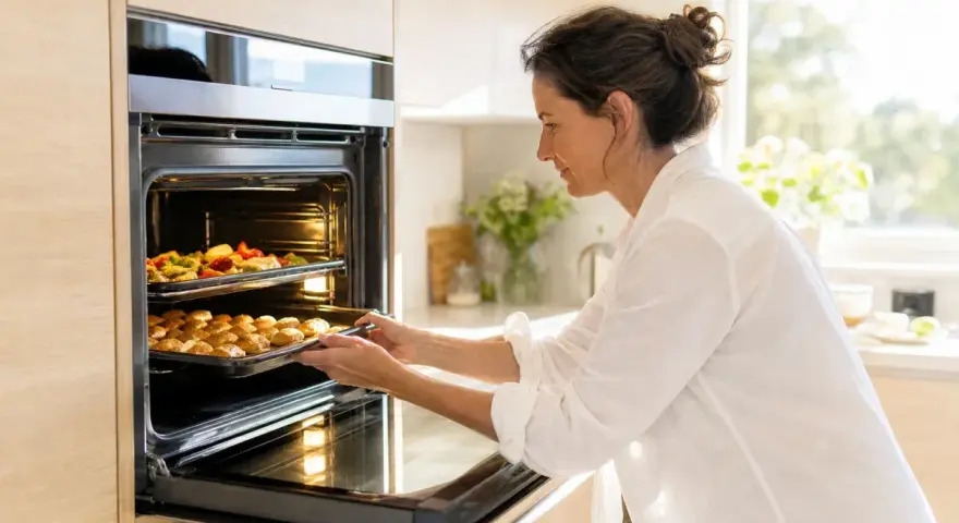 Une femme met des plats dans un four. Elle découvre la différence entre chaleur tournante et convection en cuisinant.