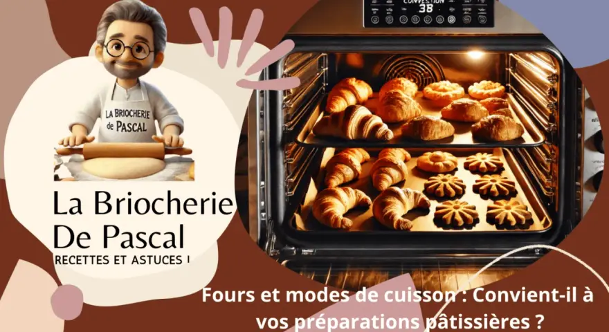 Un chef pâtissier et un four rempli de croissants et de biscuits. Le mode patisserie four est idéal pour ces délices dorés.