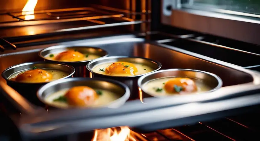 Cinq ramequins d'œufs pochés dans un bain-marie au four, une méthode pour comment faire cuire au bain marie.