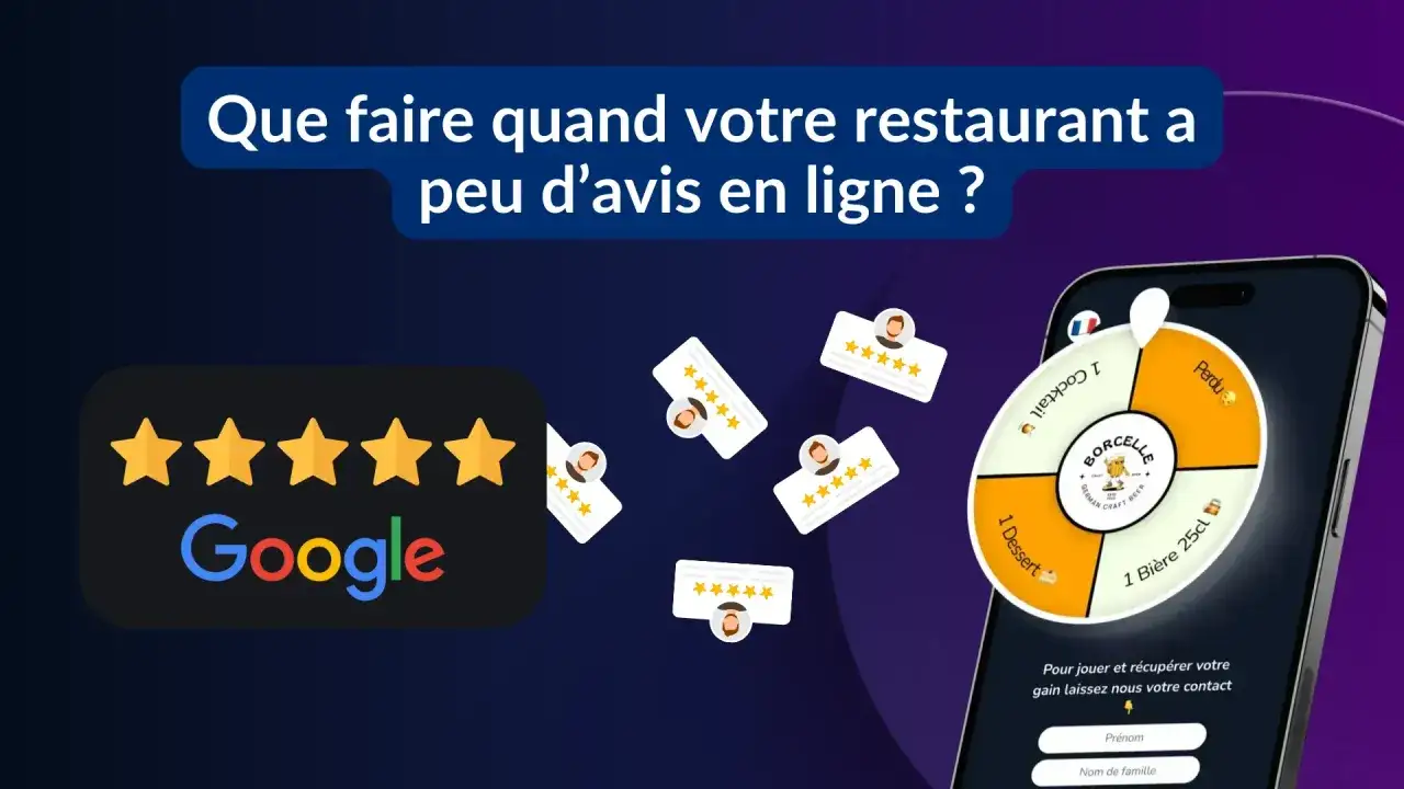 Comment r&eacute;pondre &agrave; un avis Google : des &eacute;toiles, des avis clients et une roue de loterie sur un t&eacute;l&eacute;phone pour encourager les retours.