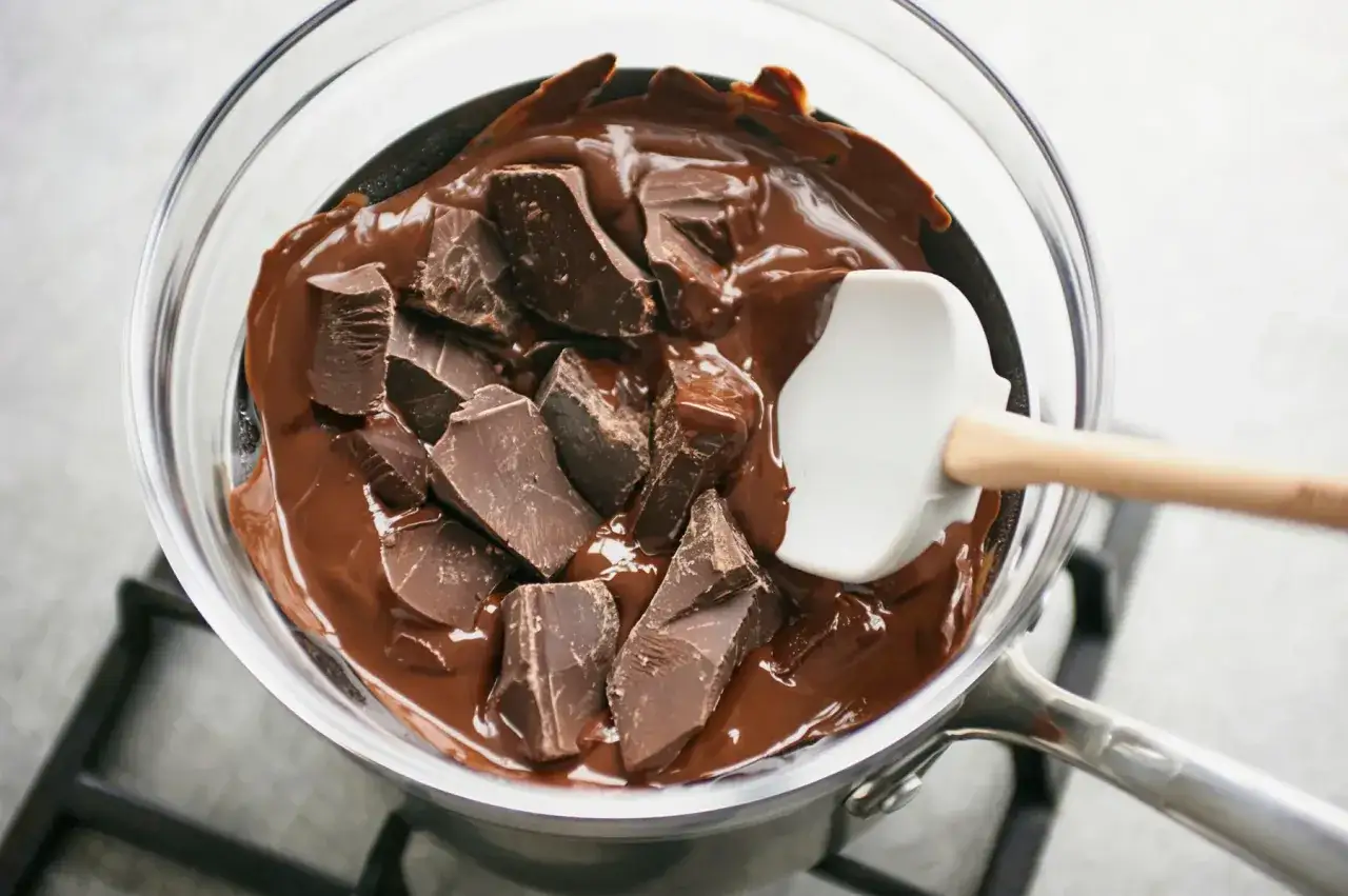 Morceaux de chocolat noir fondent doucement dans un bol en verre, prêts à faire chauffer au bain marie. Une spatule blanche mélange la ganache onctueuse.