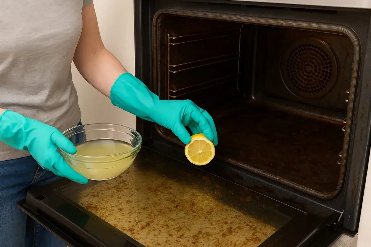 Une personne en gants verts utilise du bicarbonate et du citron pour nettoyer un four sale.