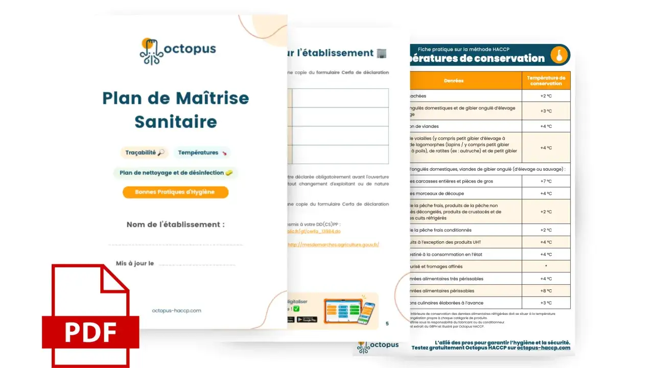Plan de Ma&icirc;trise Sanitaire pour restaurant, avec fiches HACCP sur les temp&eacute;ratures de conservation.