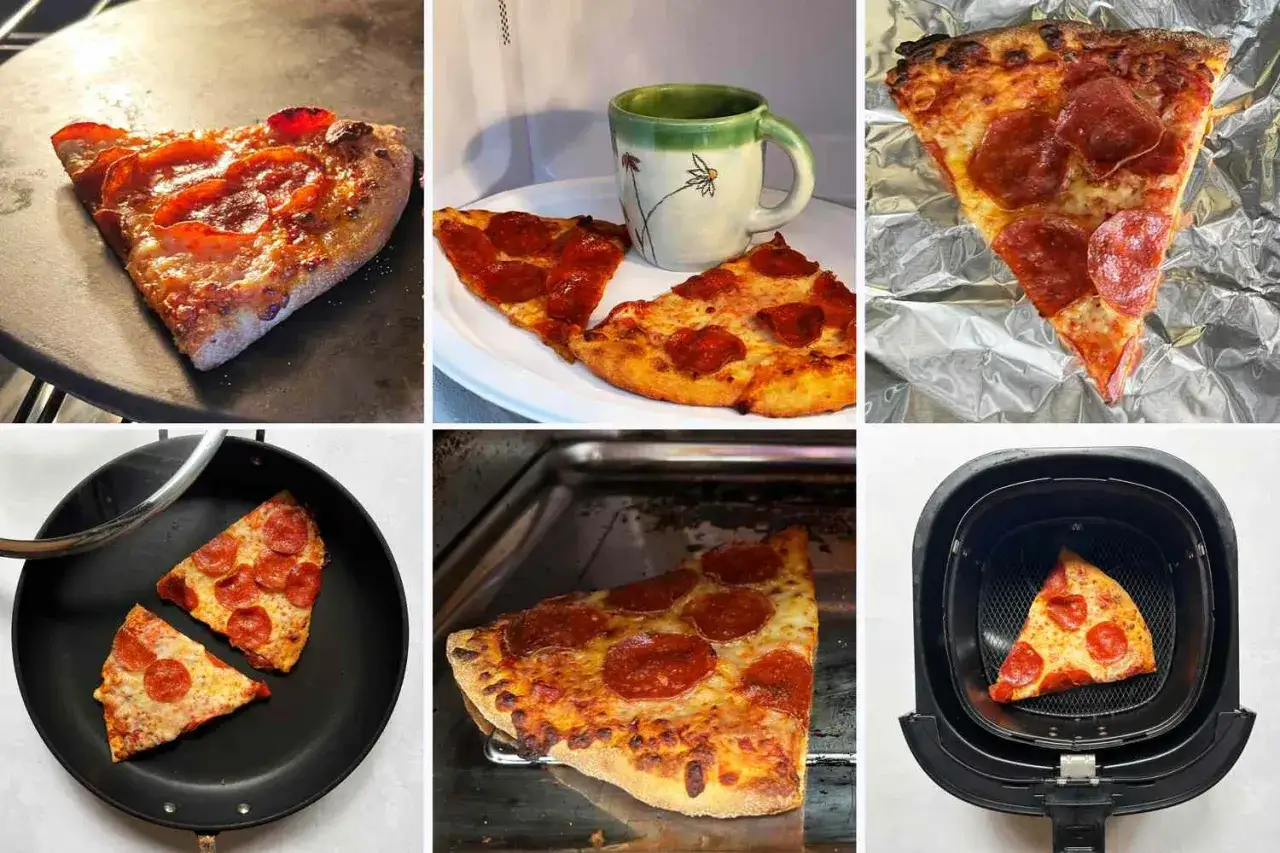 Collage de tranches de pizza au pepperoni dans différents appareils de cuisson : four, micro-ondes, poêle, air fryer.
