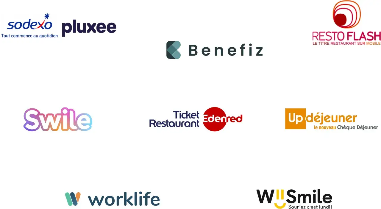 Logos de Sodexo, Pluxee, Benefiz, Resto Flash, Swile, Ticket Restaurant Edenred, Up d&eacute;jeuner, Worklife et WII Smile. Des solutions pour un ticket restaurant gratuit.