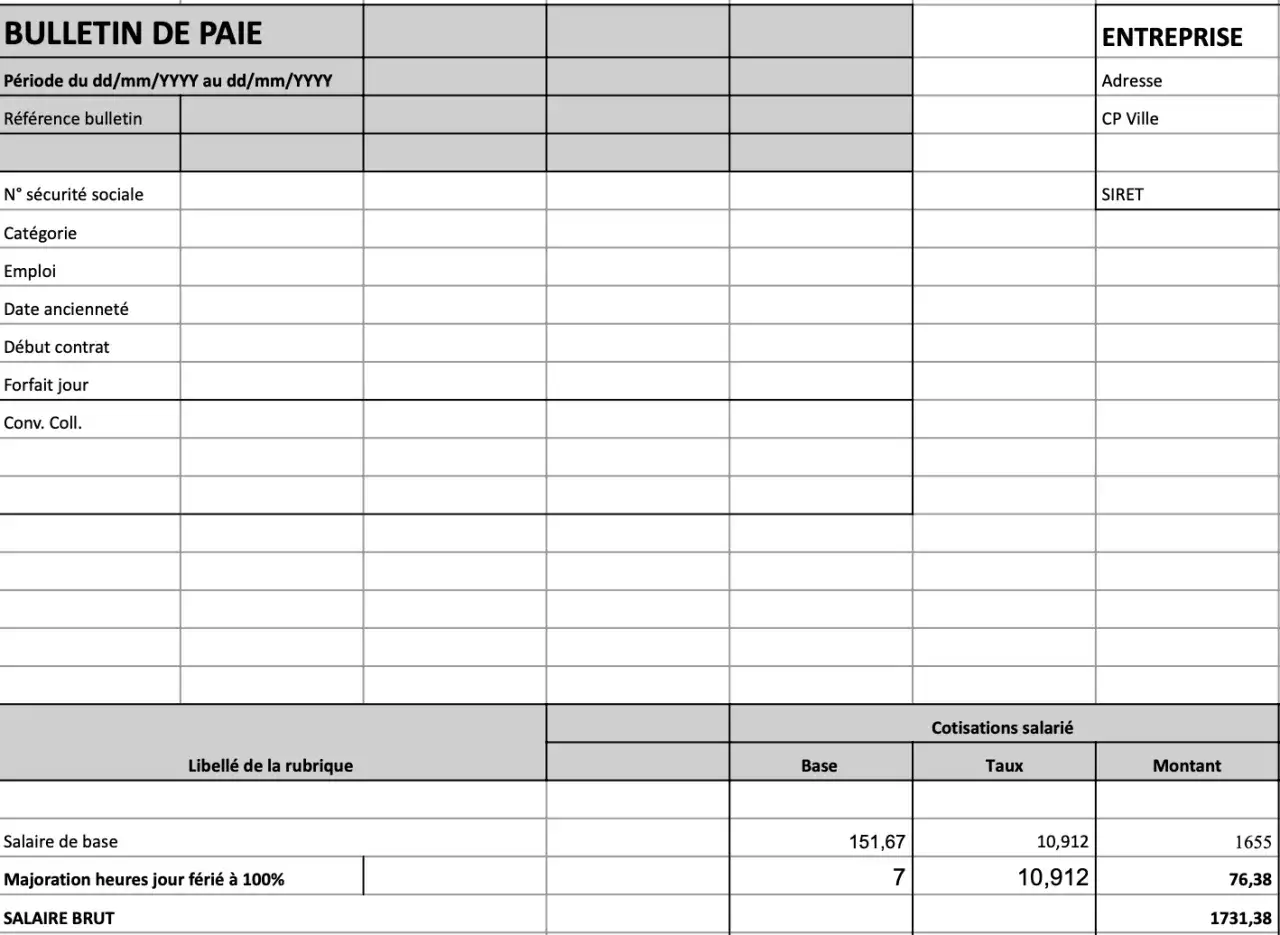 Extrait d'un bulletin de salaire, montrant le salaire de base et la majoration pour jour férié, un exemple de calcul de cotisations.
