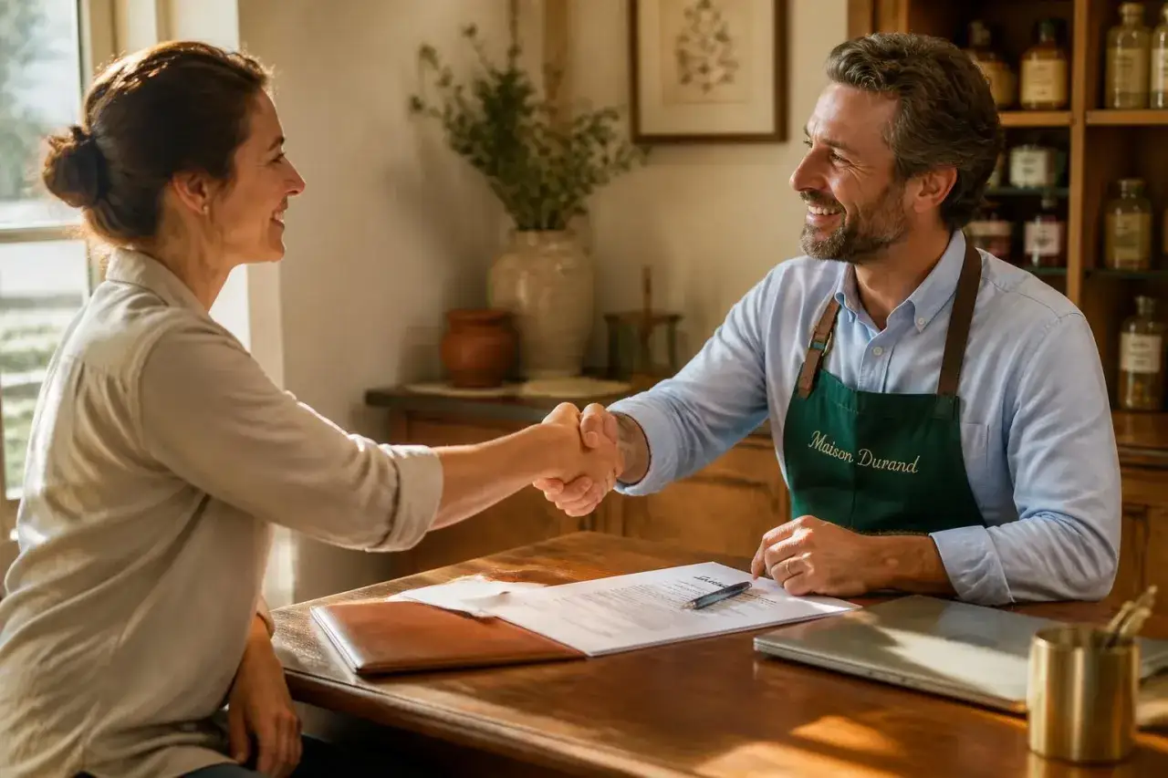 Accord mutuel pour une rupture de CDD. Un homme et une femme se serrent la main sur un bureau, souriants.
