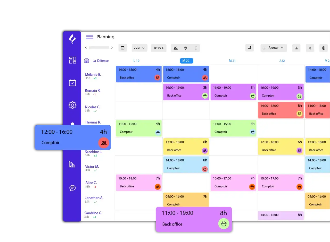 Tableau de planification affichant des cr&eacute;neaux horaires pour le personnel. Un bloc bleu met en &eacute;vidence un changement horaire pour 