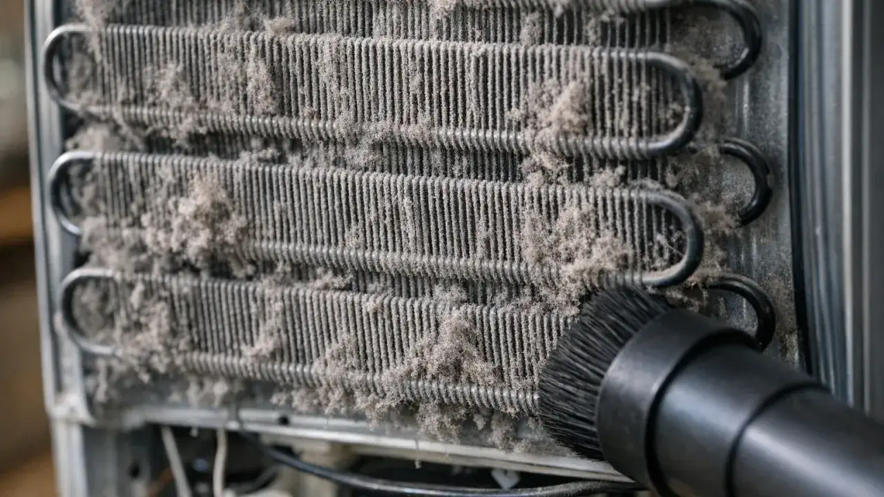 Brosse nettoyant le condenseur frigo couvert de poussière. Un nettoyage essentiel pour l'efficacité.