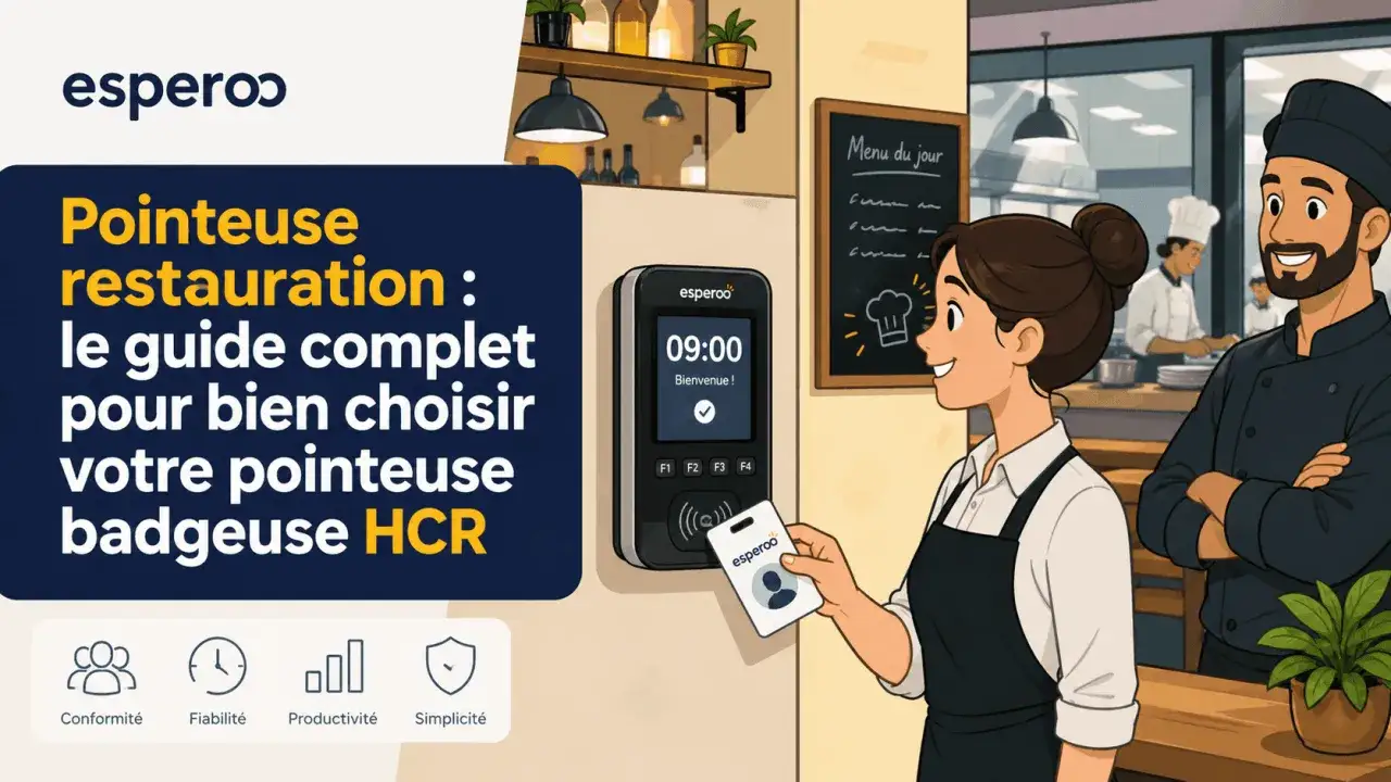 Une employée utilise une pointeuse pour le badgeage en entreprise dans un restaurant. Guide pour choisir une pointeuse HCR.