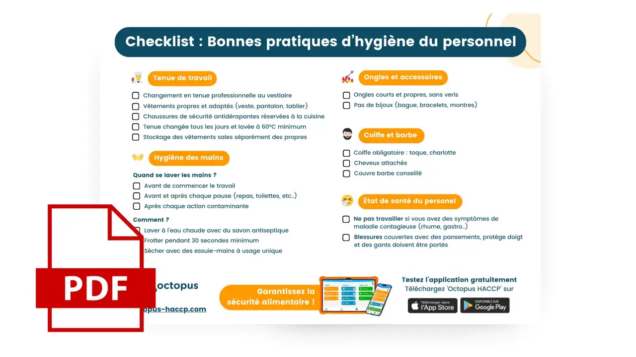 Checklist d'hygiène pour restaurant, respectant la norme ERP. Inclut tenue, mains, ongles, coiffe, barbe et état de santé.
