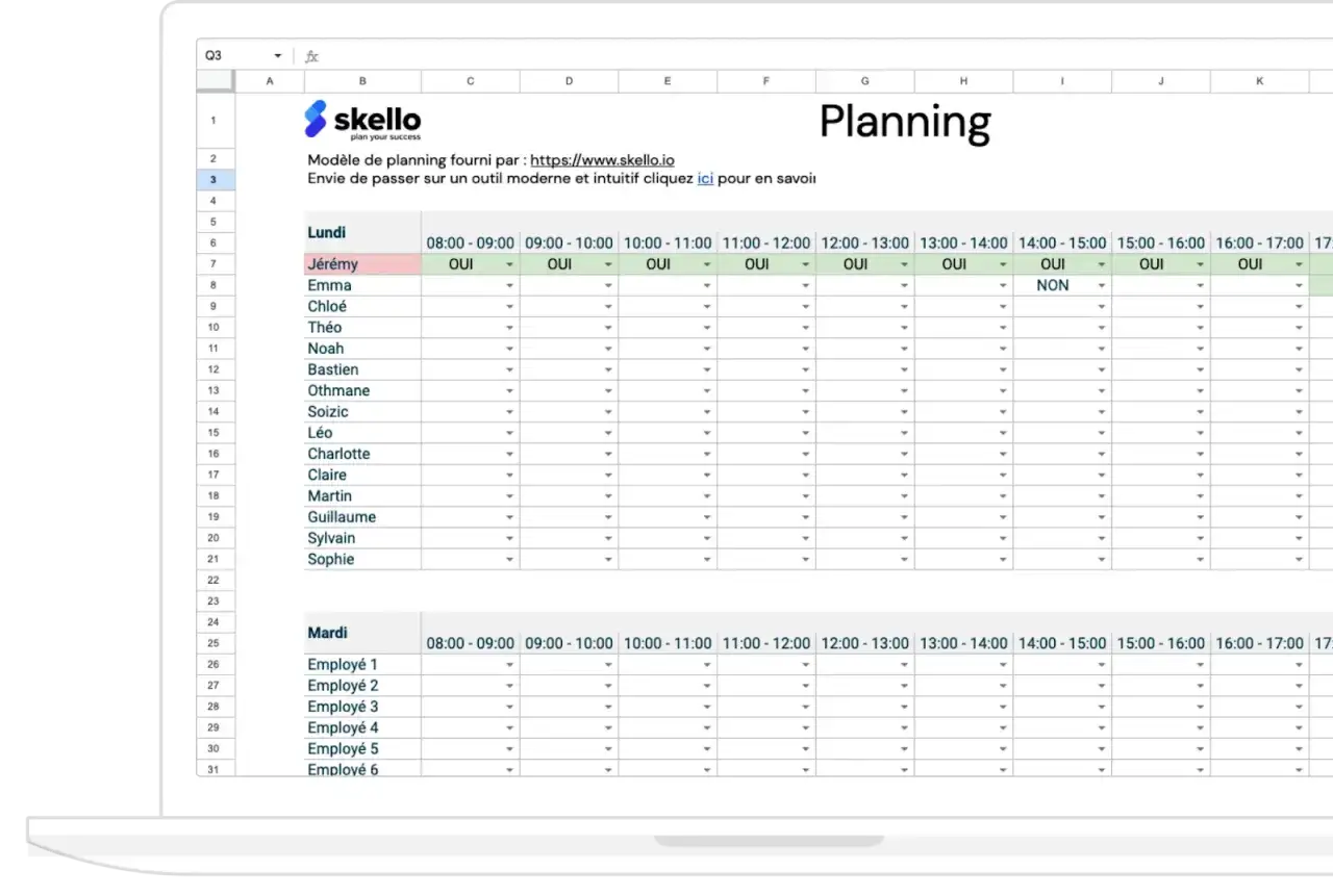 Mod&egrave;le de planning de travail Skello. Ce tableau, conforme &agrave; la loi sur l'affichage du planning, liste les employ&eacute;s et leurs disponibilit&eacute;s par cr&eacute;neaux horaires.