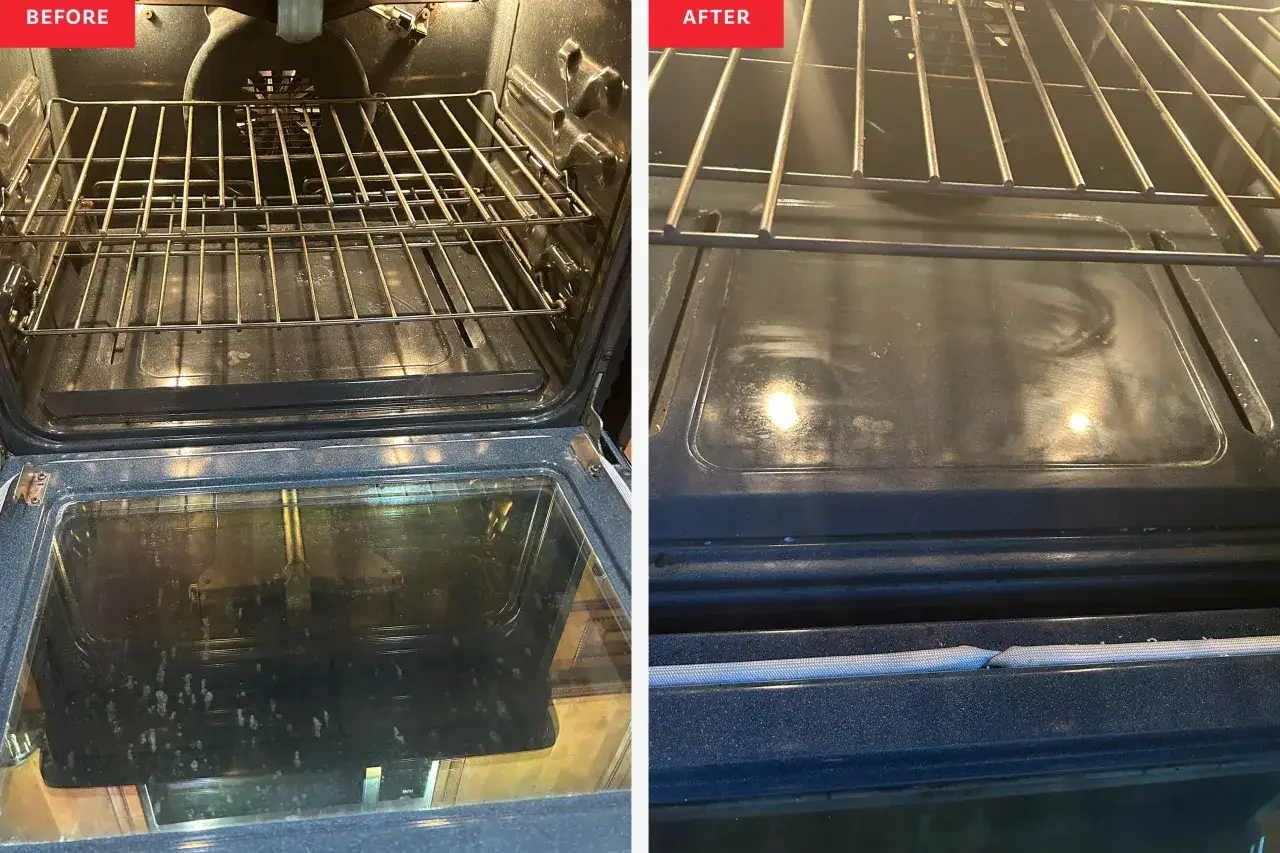 Avant/après : un four sale avec des résidus de cuisson devient étincelant après un nettoyage en profondeur.