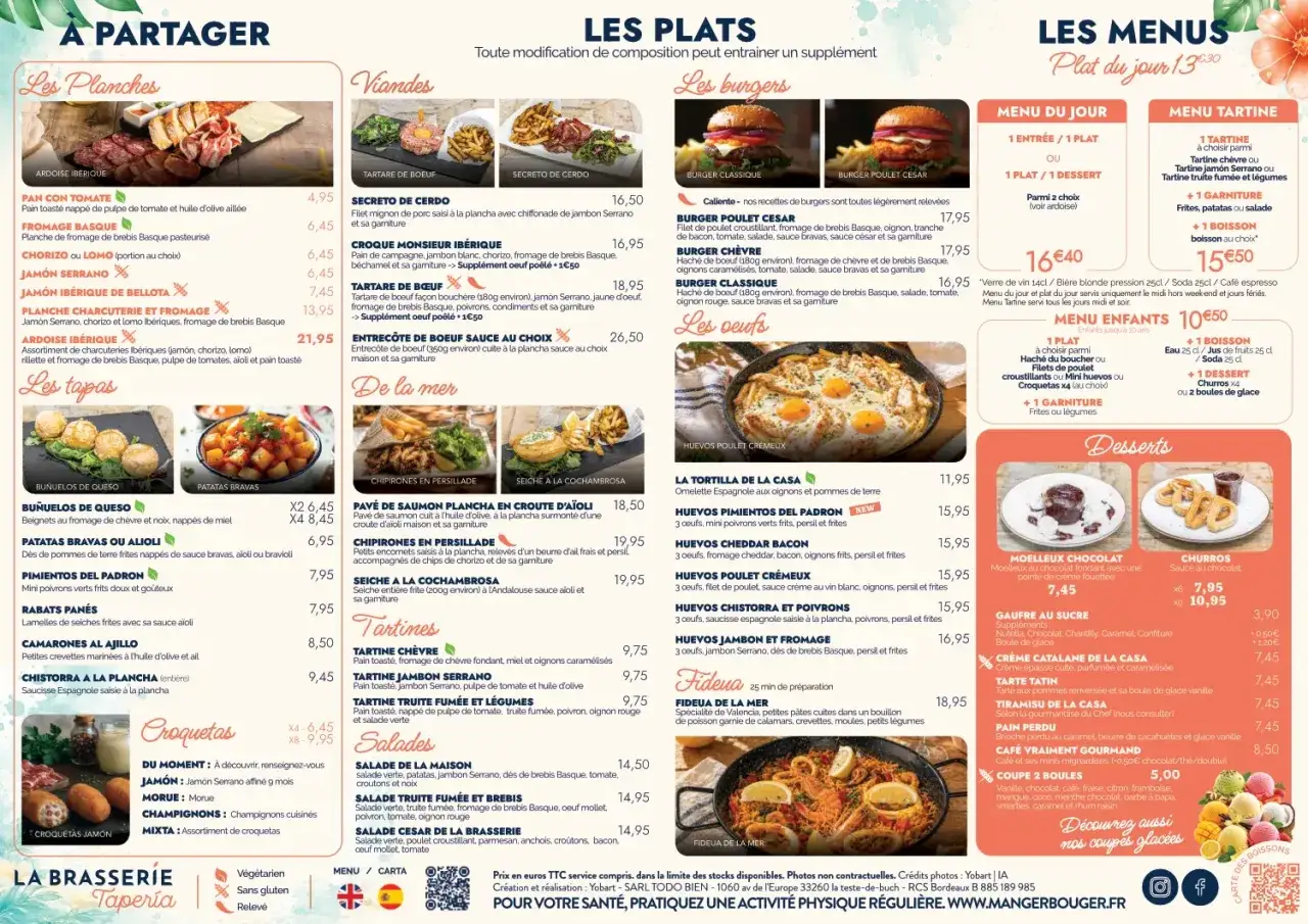 Un exemple de menu restaurant avec des plats comme