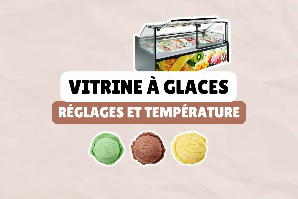 Vitrine à glaces : réglage température pour des délices glacés parfaits. Trois boules de glace : menthe, chocolat, vanille.
