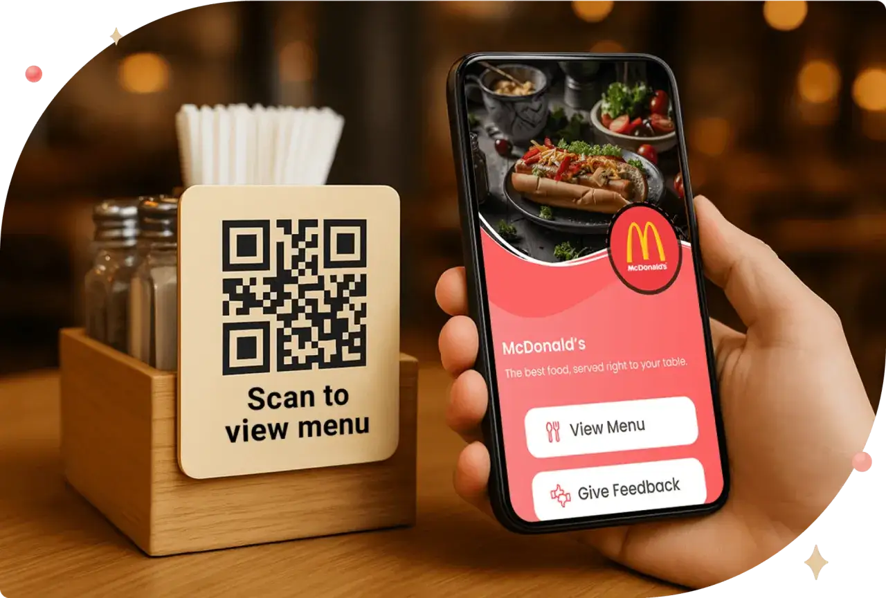 Main gauche tenant un smartphone affichant le menu McDonald's. Un QR code sur la table invite à consulter le menu ou à laisser un avis Google.