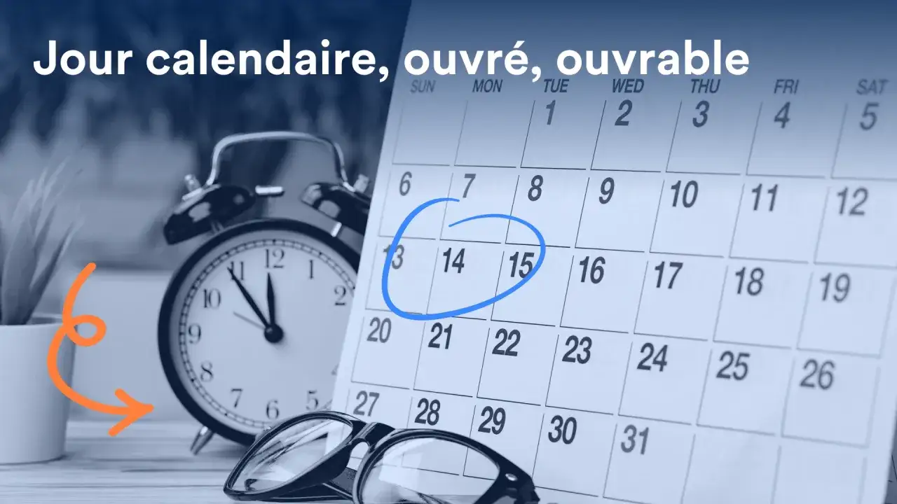 Calendrier avec une alarme et des lunettes, marquant des jours ouvrés.