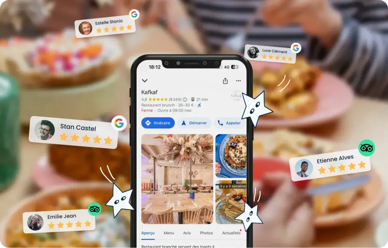 Avis clients sur un restaurant, avec des étoiles et des visages. Une application de critique culinaire montre les notes.