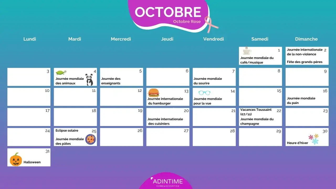 Calendrier d'octobre avec des journées mondiales : animaux, enseignants, café, pain, et Halloween. Le mois est aussi