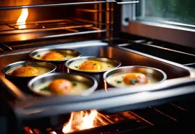 Cinq ramequins d'œufs pochés dans un bain-marie au four, une méthode pour comment faire cuire au bain marie.