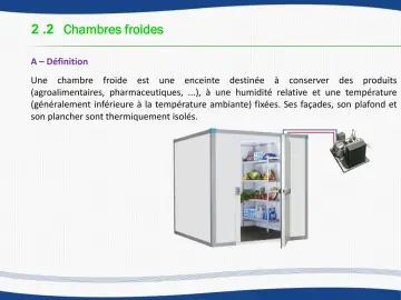 Une chambre froide est une enceinte isolée pour conserver des produits à température et humidité contrôlées. Elle est essentielle pour la conservation des aliments.