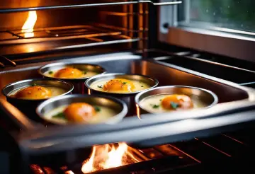 Cinq ramequins d'œufs pochés dans un bain-marie au four, une méthode pour comment faire cuire au bain marie.