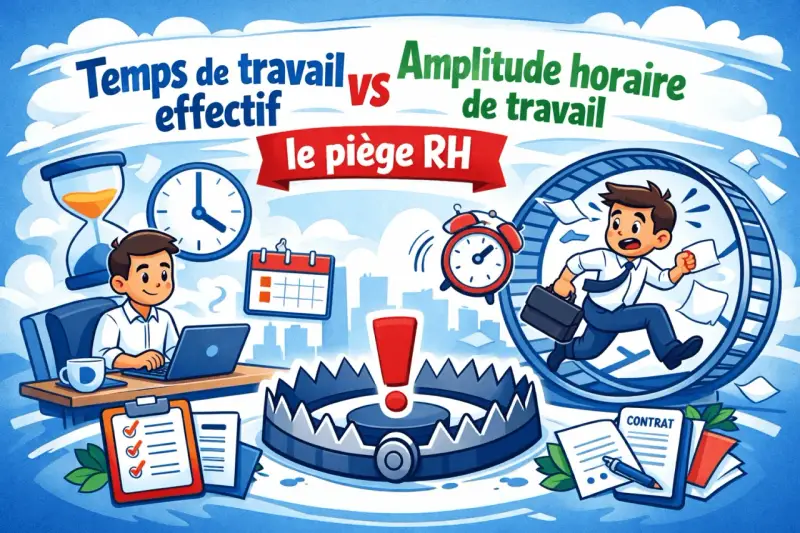 Un employé court dans une roue, symbolisant l'amplitude horaire maximale. Un piège à loup et une horloge rappellent les dangers du travail excessif.