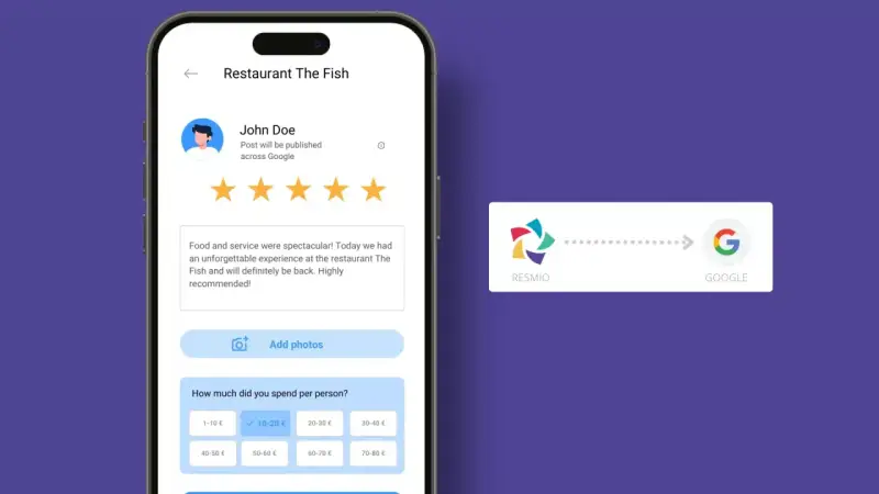 Interface mobile pour laisser un avis sur un restaurant, avec la possibilité de retrouver ses avis Google.