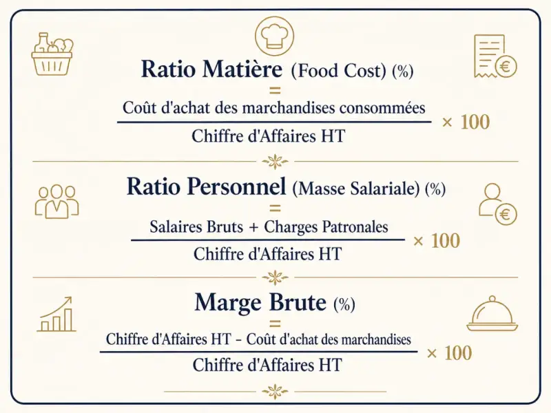 Formules de ratios de restaurant : coût matière, personnel et marge brute.
